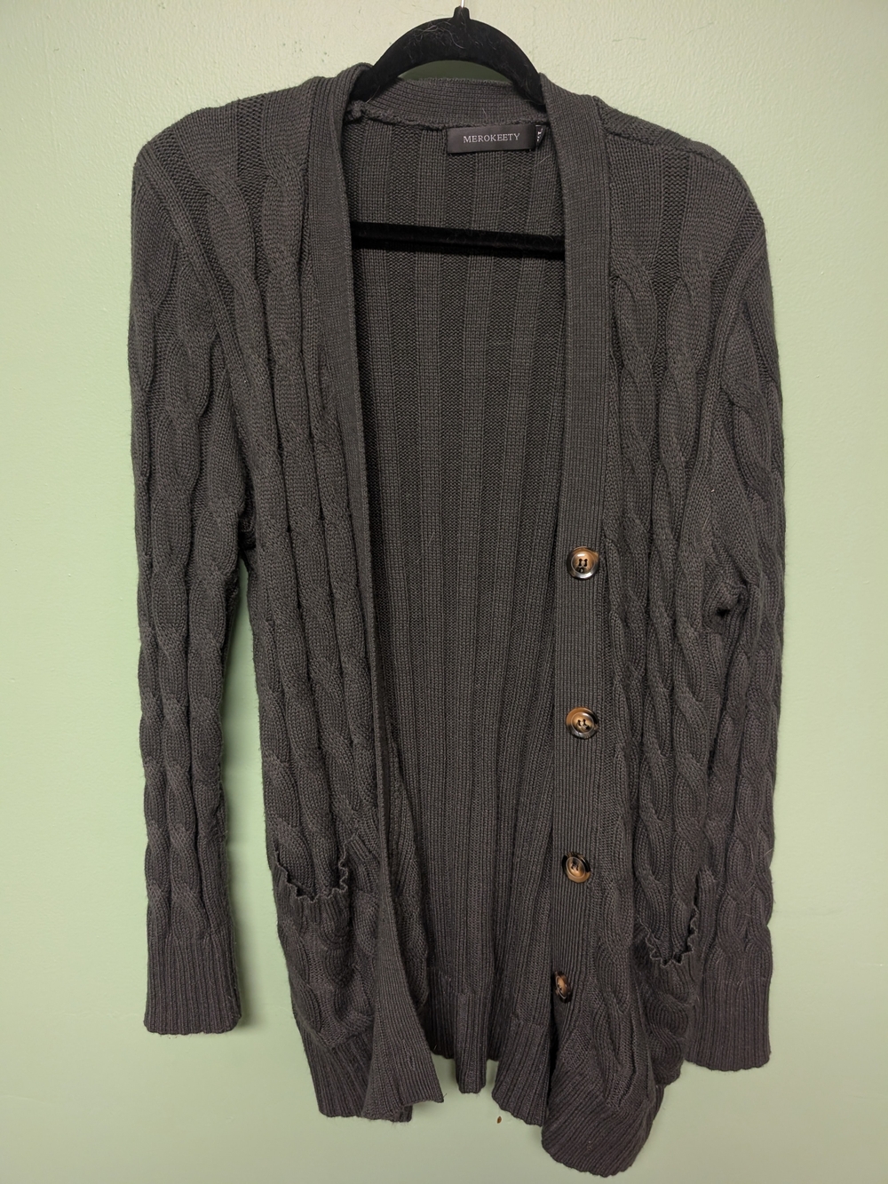 MEROKEETY Charcoal Cable Knit Button-Front Cardigan
